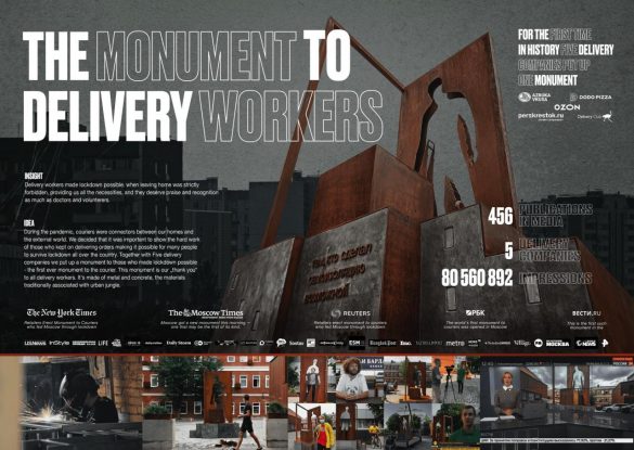Azbuka Vkusa / Perekrestok.ru / Ozon / Dodo Pizza / Delivery Club: Monument to delivery workers
